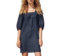 Cotton Linen Dresses for Women UK Summer Beach Midi Dresses Square Neck Half Sleeve Sundress A-line Loose Shift Dress Holiday Vacation Party Dress Casual Solid Color Tunic Dress Blue