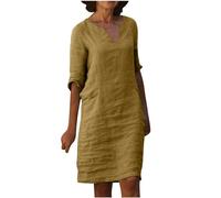 Cotton Linen Dresses for Women UK V Neck Half Sleeve Midi Dresses Summer Tunic Shift Dresses Solid Elegant Party Dress Knee Length Going Out Holiday Dress Mother of The Bride Dresses Khaki