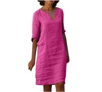 Cotton Linen Dresses for Women UK V Neck Half Sleeve Midi Dresses Summer Tunic Shift Dresses Solid Elegant Party Dress Knee Length Going Out Holiday Dress Mother of The Bride Dresses Hot Pink