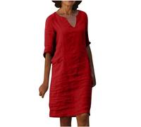 Cotton Linen Dresses for Women UK V Neck Half Sleeve Midi Dresses Summer Tunic Shift Dresses Solid Elegant Party Dress Knee Length Going Out Holiday Dress Mother of the Bride Dresses Red
