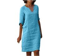 Cotton Linen Dresses for Women UK V Neck Half Sleeve Midi Dresses Summer Tunic Shift Dresses Solid Elegant Party Dress Knee Length Going Out Holiday Dress Mother of The Bride Dresses Sky Blue