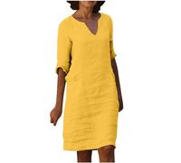 Cotton Linen Dresses for Women UK V Neck Half Sleeve Midi Dresses Summer Tunic Shift Dresses Solid Elegant Party Dress Knee Length Going Out Holiday Dress Mother of The Bride Dresses Yellow