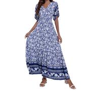 Cotton Linen Dresses for Women UK V Neck Half Sleeve Midi Summer Tunic Shift Dresses Solid Elegant Party Knee Length Going Out Holiday Dress Mother of the Bride Dress Blue