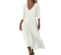 Cotton Linen Dresses for Women UK Women's Long Maxi Elegant Flowy Solid Color 3/4 Sleeve V Neck Dress Shirts (White, M)