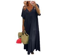 Cotton Linen Dresses for Women UK Women's Made in Italy Casual Oversized Solid Color V Neck Short Sleeve Maxi Dress with Big Hemline Holiday (Dark Blue,