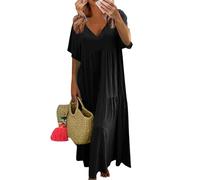 Cotton Linen Dresses for Women UK Womens Plus Size Casual Oversized Solid Color V Neck Short Sleeve Maxi Dress with Big Hemline Smock (Black,