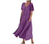 Cotton Linen Dresses Women Short Sleeve Maxi Dress Beach Holiday Plain Loose Fit Dress Indian Vintage Round Neck Dress Ladies Elegant Baggy Tunic Dresses Summer Floaty Swing Dress with Pocket