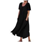 Cotton Linen Dresses Women Short Sleeve Maxi Dress Beach Holiday Plain Loose Fit Dress Indian Vintage Round Neck Dress Ladies Elegant Baggy Tunic Dresses Summer Floaty Swing Dress with Pocket