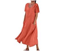 Cotton Linen Dresses Women Short Sleeve Maxi Dress Beach Holiday Plain Loose Fit Dress Indian Vintage Round Neck Dress Ladies Elegant Baggy Tunic Dresses Summer Floaty Swing Dress with Pocket