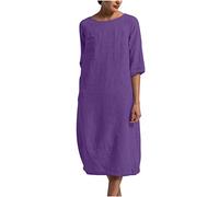 Cotton Linen Dresses Women UK Clearance 3/4 Sleeve Loose Fit Midi Dress Summer Beach Holiday Plain Sundress Indian Vintage Solid Dress Ladies Elegant Baggy Tunic Dresses Plus Size 22 Purple