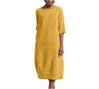 Cotton Linen Dresses Women UK Clearance 3/4 Sleeve Loose Fit Midi Dress Summer Beach Holiday Plain Sundress Indian Vintage Solid Dress Ladies Elegant Baggy Tunic Dresses Plus Size 22 Yellow