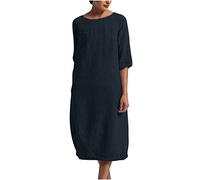 Cotton Linen Dresses Women UK Sale Clearance 3/4 Sleeve Loose Fit Midi Dress Summer Beach Holiday Plain Sundress Indian Vintage Solid Dress Ladies Elegant Baggy Tunic Dresses Plus Size 22 Navy