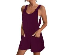 Cotton Linen Dungarees for Women Short Jumpsuit Loose Spaghetti Strap Suspender Bib Overall Sleeveless Rompers with Front Pocket Maternity Jumpsuit