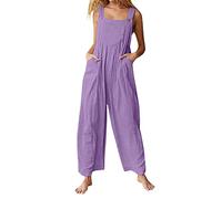 Cotton Linen Dungarees Women Petite,Ladies Jumpsuits UK Elegant Summer Casual Loose Plain Jumpsuit Wide Leg Trousers Beach Boho Spaghetti Straps Overalls Pants Rompers Playsuits with Pockets