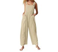 Cotton Linen Dungarees Women Petite,Ladies Jumpsuits UK Elegant Summer Casual Loose Plain Jumpsuit Wide Leg Trousers Beach Boho Spaghetti Straps Overalls Pants Rompers Playsuits with Pockets