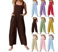 Cotton Linen Dungarees Women Petite,Ladies Jumpsuits UK Elegant Summer Sale Casual Loose Plain Jumpsuit Wide Leg Trousers Beach Boho Spaghetti Straps Overalls Pants Rompers Playsuits with Pockets