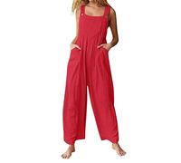 Cotton Linen Dungarees Women Petite,Ladies Jumpsuits UK Elegant Summer Sale Casual Loose Plain Jumpsuit Wide Leg Trousers Beach Boho Spaghetti Straps Overalls Pants Rompers Playsuits with Pockets