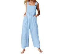 Cotton Linen Dungarees Women Petite,Ladies Jumpsuits UK Elegant Summer Sale Casual Loose Plain Jumpsuit Wide Leg Trousers Beach Boho Spaghetti Straps Overalls Pants Rompers Playsuits with Pockets