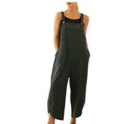 Cotton Linen Dungarees Women UK Clearance, Ladies Overalls Solid Color Casual Cropped Jumpsuit Playsuit Onesie Casual Loose Sleeveless Romper Workwear Plain Summer Overall with Pockets