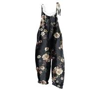 Cotton Linen Dungarees Women UK, Ladies Casual Overalls Bee Printed Long Jumpsuit Playsuit Onesie Casual Sleeveless Romper Workwear Summer Overall with Pockets and Adjustable Strappy