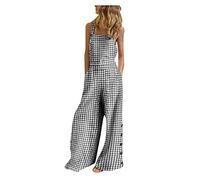 Cotton Linen Dungarees Women UK, Ladies Casual Overalls Plaid Printed Long Jumpsuit Playsuit Onesie Casual Loose Sleeveless Romper Workwear Summer Checked Overall with Pockets S-3XL