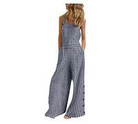 Cotton Linen Dungarees Women UK, Ladies Casual Overalls Plaid Printed Long Jumpsuit Playsuit Onesie Casual Loose Sleeveless Romper Workwear Summer Checked Overall with Pockets S-3XL