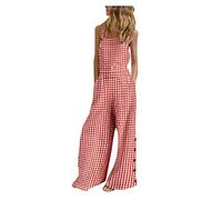 Cotton Linen Dungarees Women UK, Ladies Casual Overalls Plaid Printed Long Jumpsuit Playsuit Onesie Casual Loose Sleeveless Romper Workwear Summer Checked Overall with Pockets S-3XL