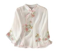 Cotton Linen Embroidered Shirt for Women UK Clearance Vintage Elegant Chinese-Style Shirts Floral Embroidery Blouses Summer 3/4 Sleeve Bohemian Tees Dressy Casual Boho Tops Y2k Streetwear White