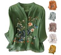 Cotton Linen Embroidered Shirt for Women UK Vintage Elegant Chinese-Style Shirts Floral Embroidery Blouses Summer 3/4 Sleeve Bohemian Tees Dressy Casual Boho Tops Y2k Streetwear Green