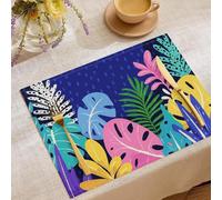 Cotton Linen Fabric Abstract Design Monstera Deliciosa Palm Leaves Placemats, Cute Cartoon Plant Dining Table Place Mats for Kitchen Restaurant Table, Washable Purple Tablemats Set of 8, 45x30cm