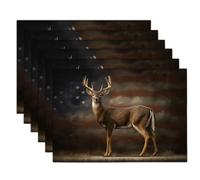 Cotton Linen Fabric American Flag Whitetail Deer Placemats, Vintage Animal Dining Table Place Mats for Party Restaurant Table Decor Indoor Outdoor, Washable Dark Brown Tablemats Set of 4, 45x30cm