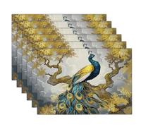 Cotton Linen Fabric Branch Peacock Placemats, Vintage Animal Dining Table Place Mats for Party Kitchen Restaurant Table Decor Indoor Outdoor, Washable Gold Tablemats Set of 4, 45x30cm