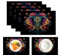Cotton Linen Fabric Mandala Elephant Placemats, Vintage Boho Animal Dining Table Place Mats for Party Kitchen Restaurant Table Decor Indoor Outdoor, Washable Multicolor Tablemats Set of 6, 45x30cm