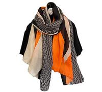 Cotton Linen Feeling Women Large Long Scarf Shawl Check Style Sunscreen Shawls Wraps Lightweight Pattern, Black-orange Stripe, Large