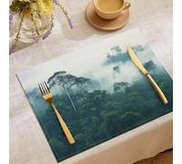Cotton Linen Fog Forest Trees Placemats, Rustic Vintage Fall Dining Table Mats for Kitchen Table Decoration Indoor Outdoor, Washable Natural scenery jungle Place Mats Set of 4 (18x12in), 45x30cm