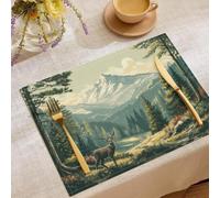 Cotton Linen Forest animals,deer scenery Placemats,Rustic Vintage Fall Dining Table Mats for Kitchen Table Decoration Indoor Outdoor,Washable Farmhouse Village Place Mats Set of 2 (18x12in),45x30cm