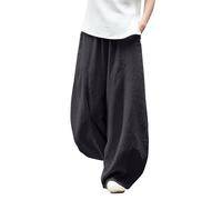Cotton Linen Harlem Pants for Women Wide Leg Baggy Fashion Hipster Trousers with Pockets Elastic Waist Solid Color Lightweight Quick Drying Casual Pant High Waisted Versatile Lounge Slacks Grey