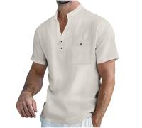 Cotton Linen Henley T Shirt Mens Clothes Sale Clearance Short Sleeve Tshirts Plain Grandad Collar Shirts Stylish 3 Buttons Muscle T-Shirts Casual Summer Beach Holiday Shirt Top with Pocket Beige