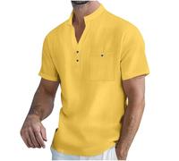 Cotton Linen Henley T Shirt Mens Clothes Sale Clearance Short Sleeve Tshirts Plain Grandad Collar Shirts Stylish 3 Buttons Muscle T-Shirts Casual Summer Beach Holiday Shirt Top with Pocket Yellow