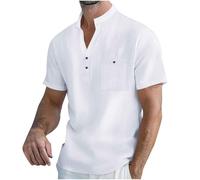 Cotton Linen Henley T Shirt Mens Clothes Sale Clearance Short Sleeve Tshirts Plain Grandad Collar Shirts Stylish 3 Buttons Muscle T-Shirts Casual Summer Beach Holiday Shirt Top with Pocket White