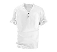 Cotton Linen Henley T Shirt Mens, Men's T-Shirts Plain Short Sleeve Running Athletic Tshirts Solid Color Basic Tee Shirt Summer Casual Lightweight V Neck Henley Tops M-5XL White