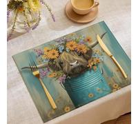 Cotton Linen Highland cattle,flowers,iron buckets Placemats,Rustic Fall Dining Table Mats for Kitchen Table Decoration Indoor Outdoor,Washable rustic farmhouse Place Mats Set of 2 (18x12in),45x30cm