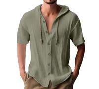 Cotton Linen Hoodies for Men Sale Clearance, Lightweight Breathable Short Sleeve Shirts Button Down Drawstring Hooded Blouses Summer Beach Hippie Shirt Tops Business Work Cuban Tees Plus Size S-XXL