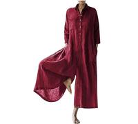 Cotton Linen Jumpsuits Women Long Sleeve Wide Leg Jumpsuits with Pockets Casual Button Down Shirts Loose Fit One Piece Palazzo Playsuit Solid Color V Neck Summer Romper Bodysuit Size 8-22