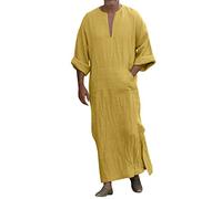 Cotton Linen Kaftan Mens Short Sleeve V Neck Muslim Robe 2026 Summer Casual Comfy Loose Fit Lightweight Beach Shirts Long Gown
