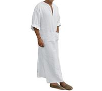 Cotton Linen Kaftan Thobe for Men Short Sleeve V Neck Muslim Robe Casual Loose Lightweight Summer Beach Shirts Long Gown, C# White, Medium
