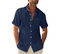 Cotton Linen Linen Shirts Men's Short Sleeve Button Down Casual Hawaiian Holiday Beach Shirt Summer Solid Henley with Pocket Lapel Blouses Regular Fit UK Size 8-22 Clearance