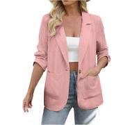 Cotton Linen Long Sleeve Blazers Women UK Suit Jackets One Button with Pocket Outerwear Notched Lapel Lightweight Jackets Business Office Work Casual Cardigan Coat for Summer Wedding Party Pink