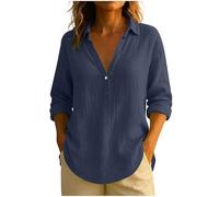 Cotton Linen Long Sleeves Blouse for Women UK Ladies Button Down V Neck T Shirts Casual Solid Color Tops Women's Autumn Loose Fit T-Shirt Trendy Baggy Blouses Work Office Tunic Tops Basic Shirt Navy