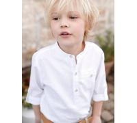 Cotton/linen Mao collar shirt with turn-up sleeves for boys white